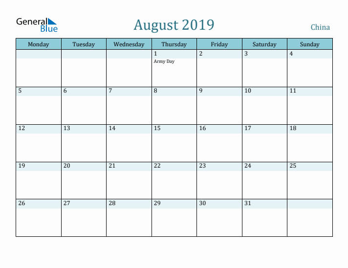 August 2019 Calendar with Holidays