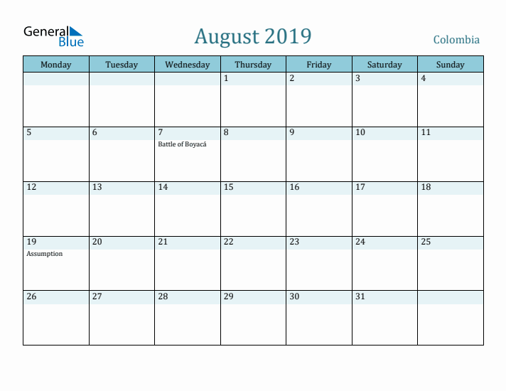 August 2019 Calendar with Holidays