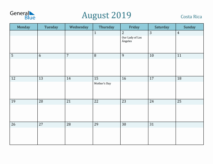 August 2019 Calendar with Holidays