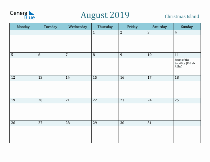 August 2019 Calendar with Holidays