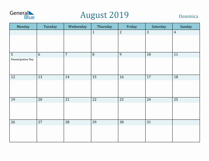 August 2019 Calendar with Holidays