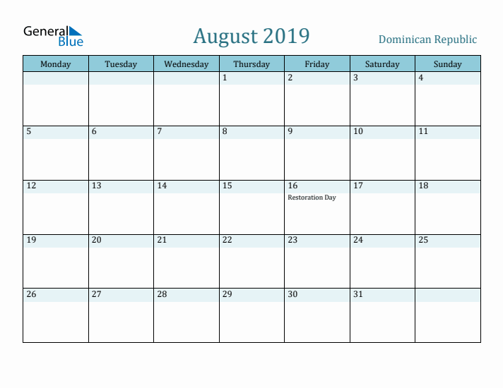 August 2019 Calendar with Holidays