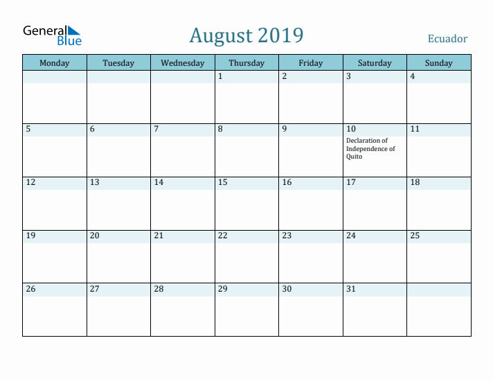 August 2019 Calendar with Holidays