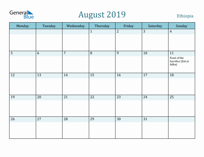 August 2019 Calendar with Holidays