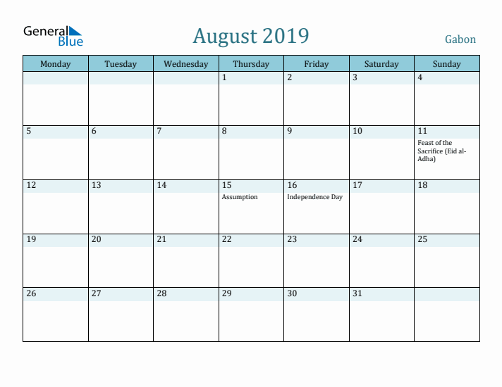 August 2019 Calendar with Holidays