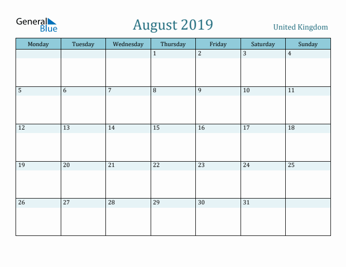 August 2019 Calendar with Holidays