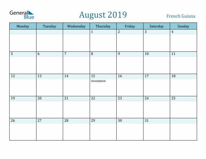 August 2019 Calendar with Holidays