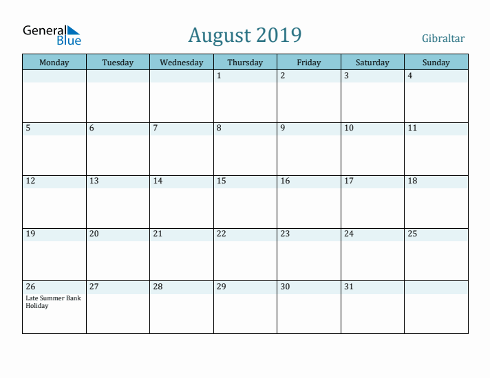 August 2019 Calendar with Holidays