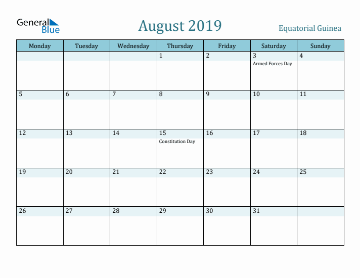 August 2019 Calendar with Holidays