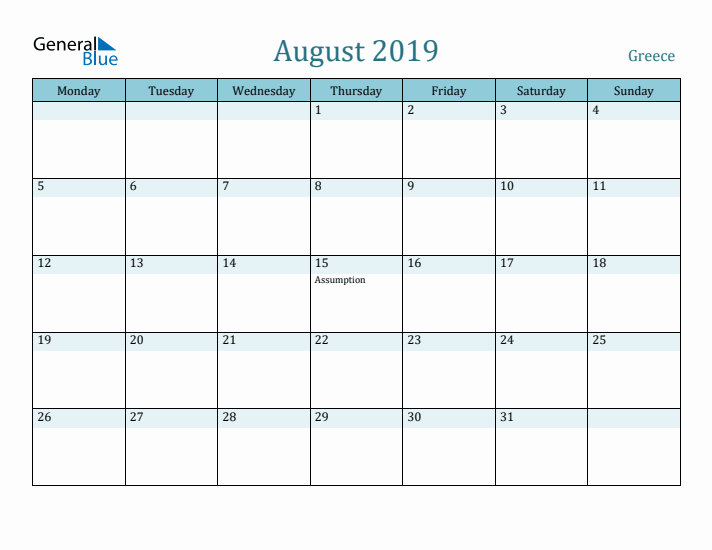 August 2019 Calendar with Holidays