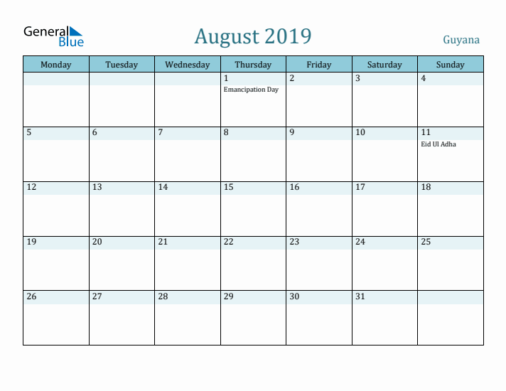 August 2019 Calendar with Holidays