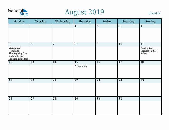 August 2019 Calendar with Holidays