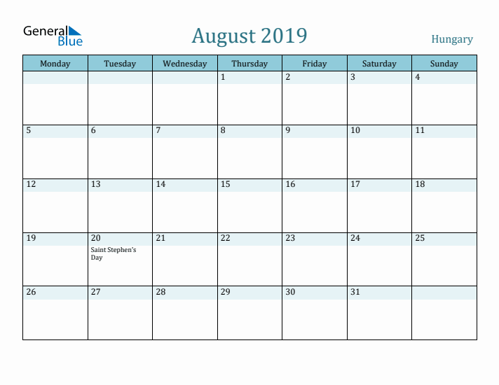 August 2019 Calendar with Holidays