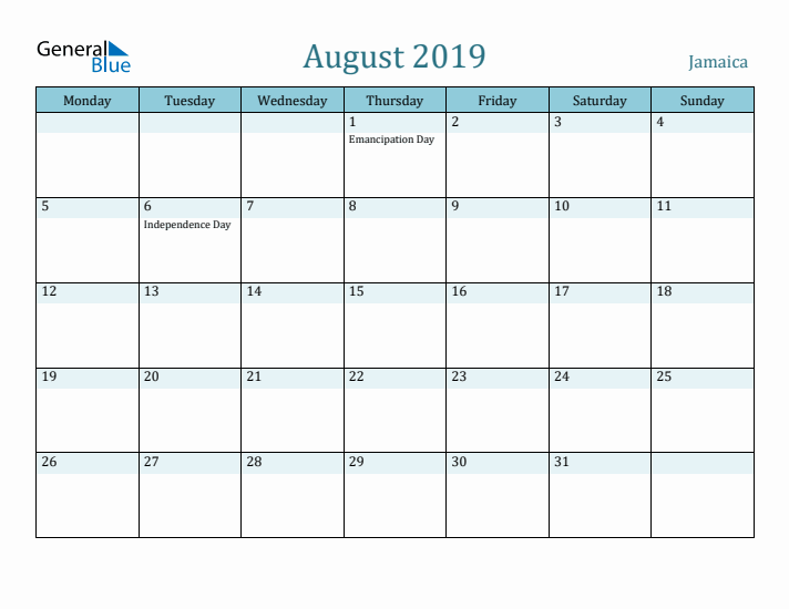 August 2019 Calendar with Holidays