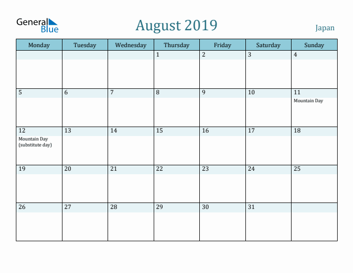 August 2019 Calendar with Holidays