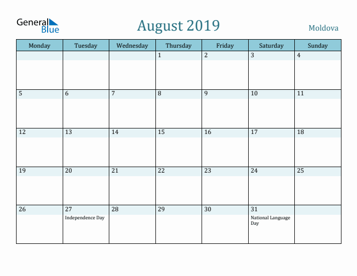 August 2019 Calendar with Holidays