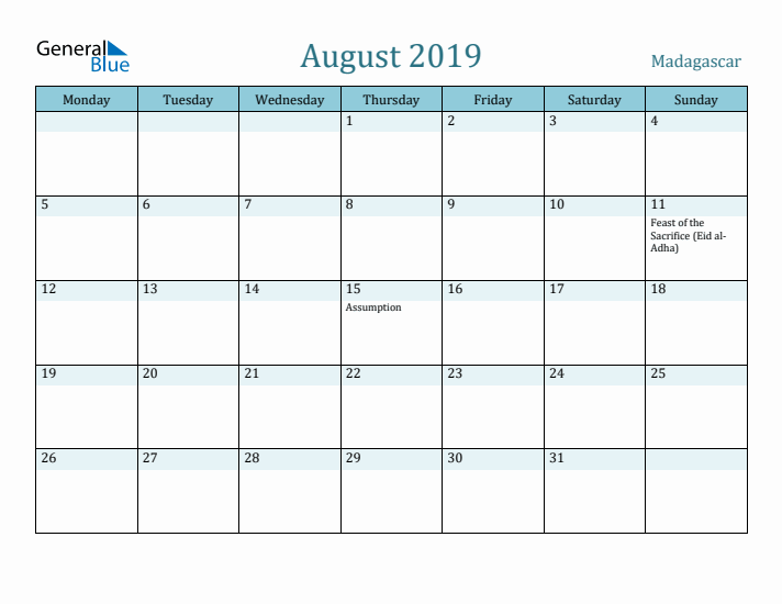 August 2019 Calendar with Holidays