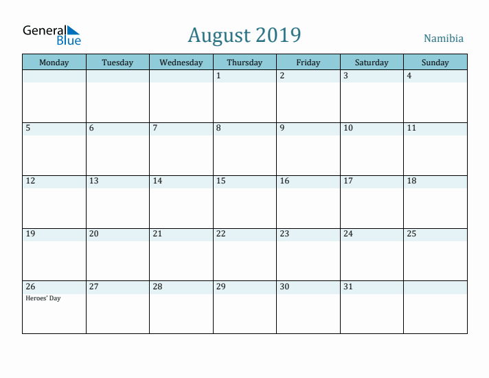 August 2019 Calendar with Holidays