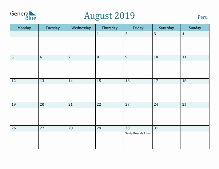 August 2019 Calendar with Holidays