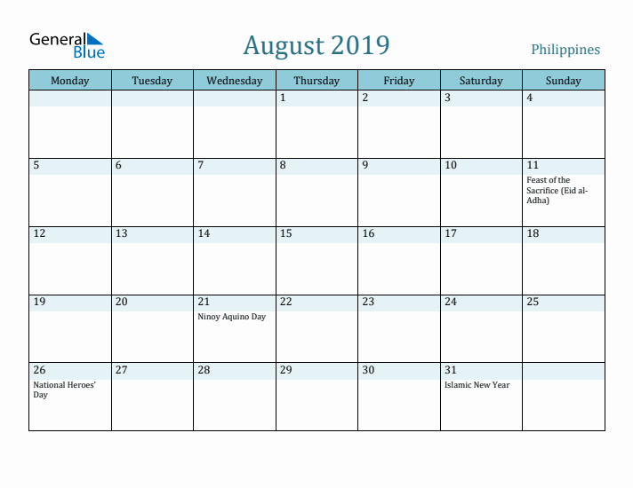 August 2019 Calendar with Holidays