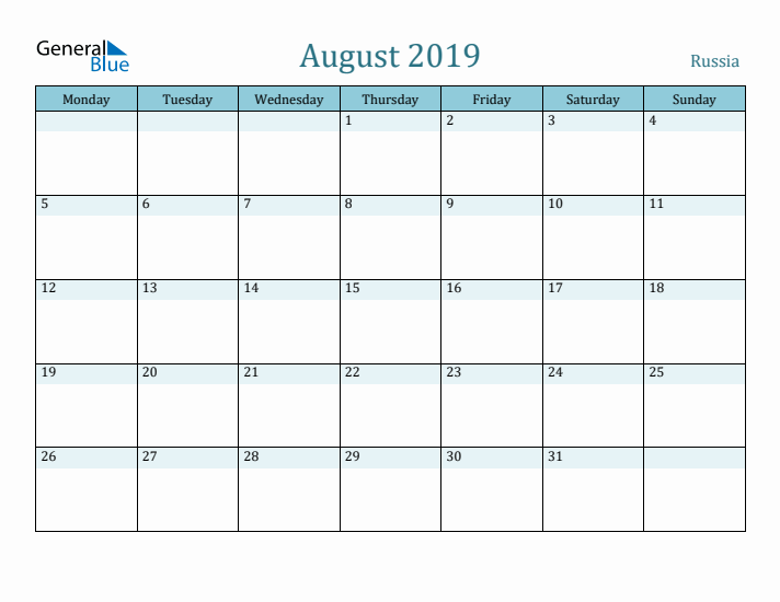 August 2019 Calendar with Holidays