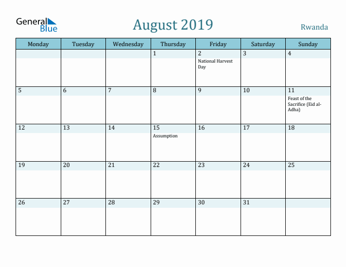 August 2019 Calendar with Holidays