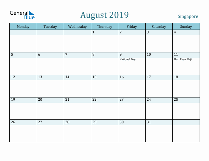 August 2019 Calendar with Holidays