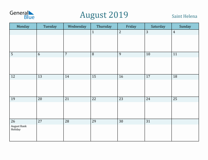 August 2019 Calendar with Holidays