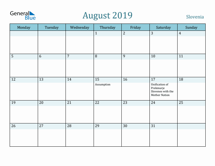 August 2019 Calendar with Holidays