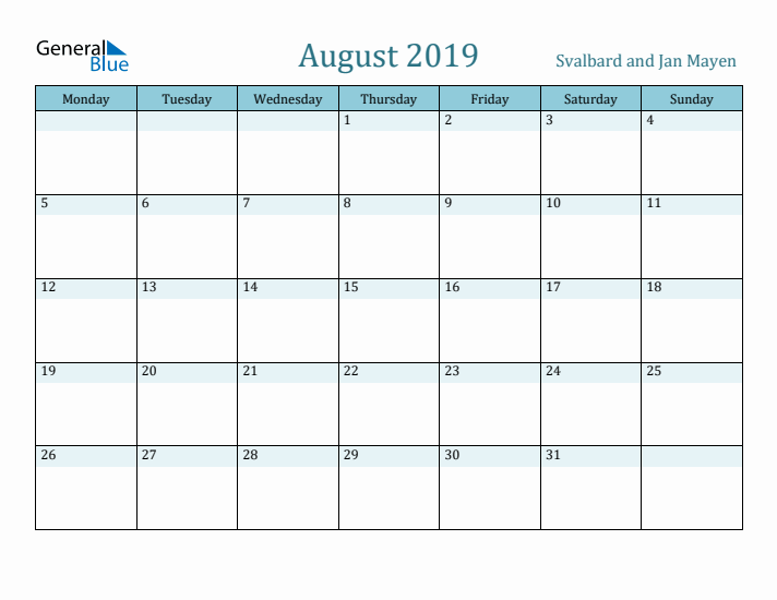 August 2019 Calendar with Holidays