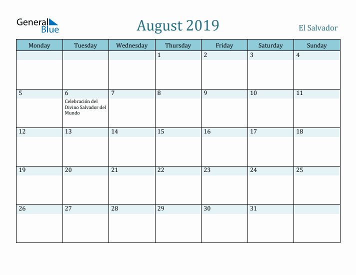 August 2019 Calendar with Holidays