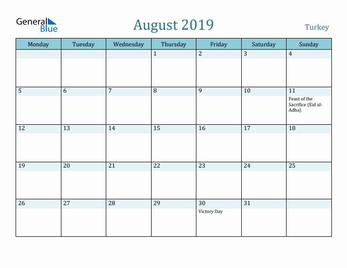 August 2019 Calendar with Holidays