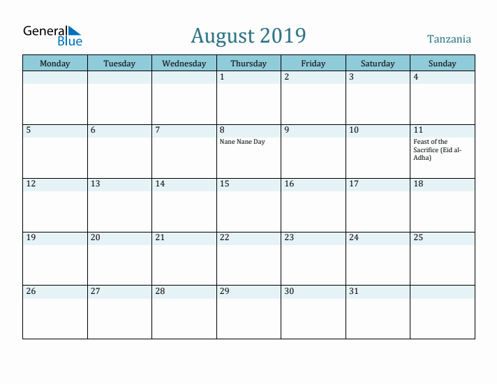 August 2019 Calendar with Holidays