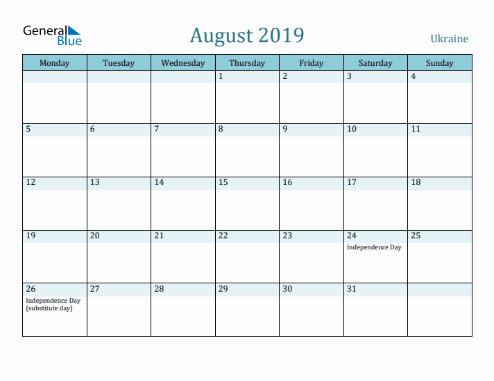 August 2019 Calendar with Holidays