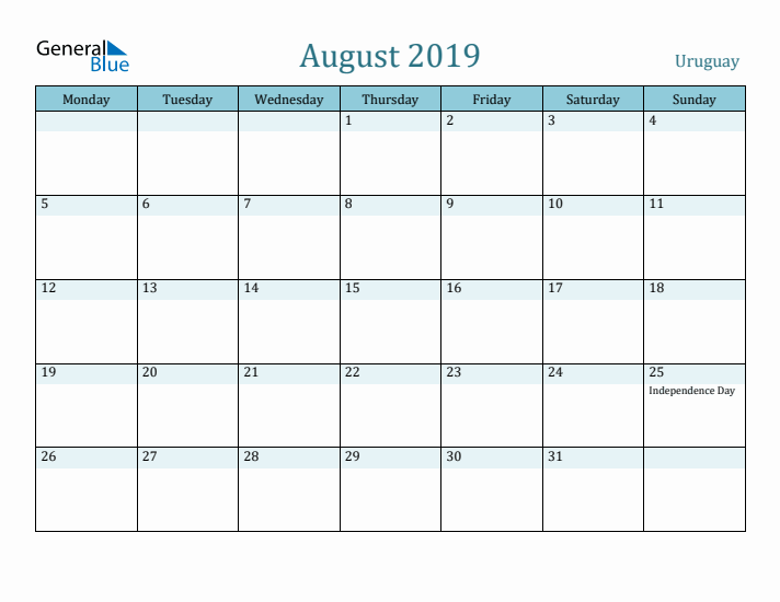 August 2019 Calendar with Holidays