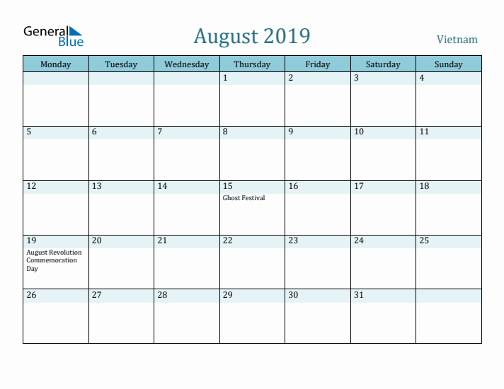 August 2019 Calendar with Holidays