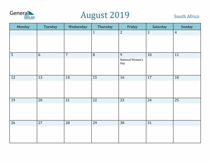 August 2019 Calendar with Holidays