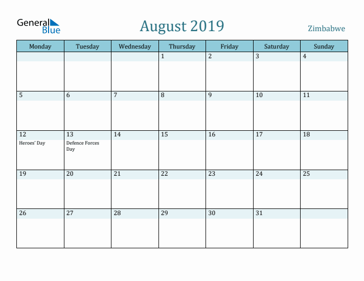 August 2019 Calendar with Holidays