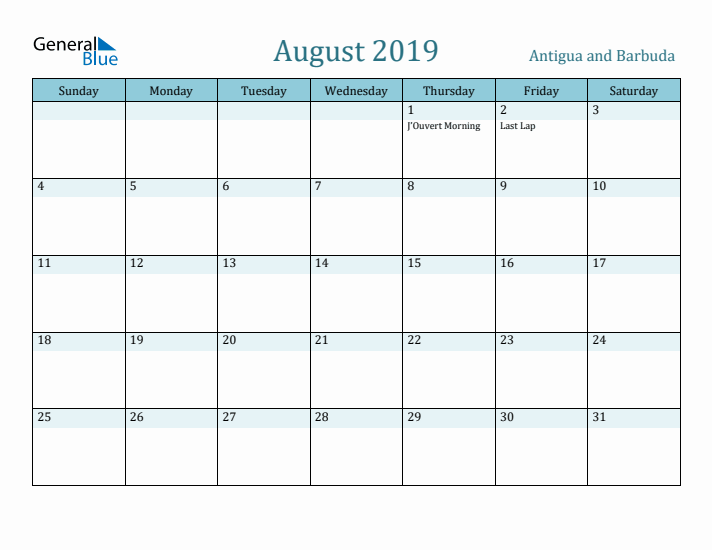 August 2019 Calendar with Holidays