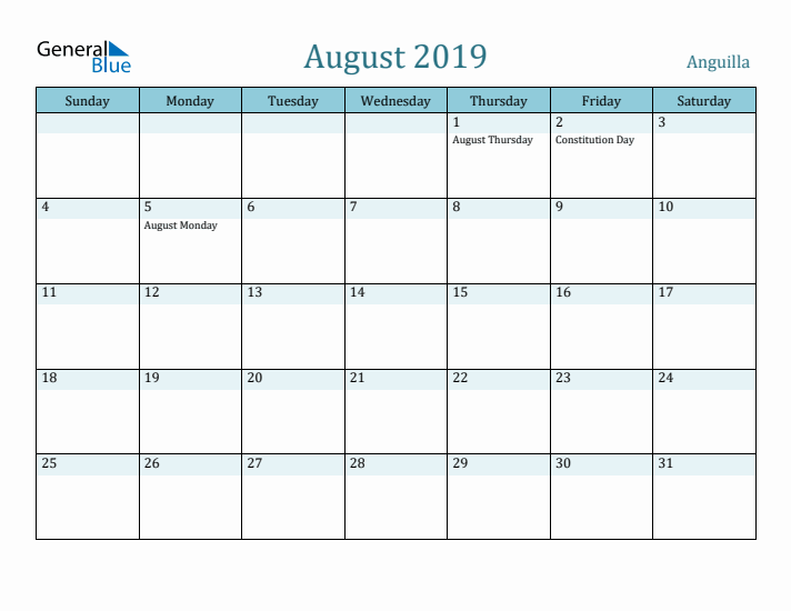 August 2019 Calendar with Holidays