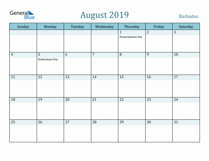 August 2019 Calendar with Holidays