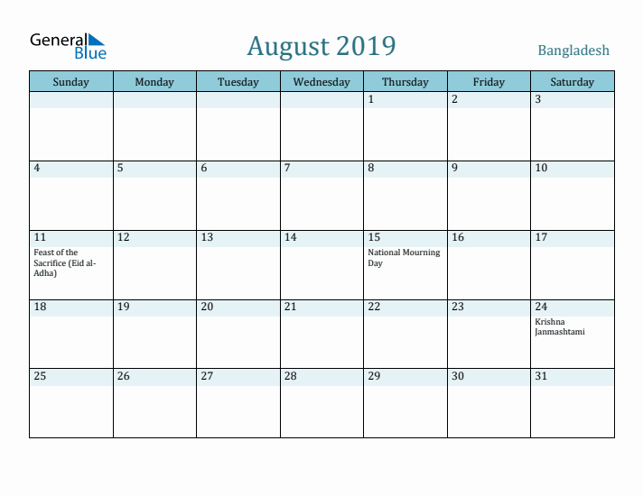 August 2019 Calendar with Holidays