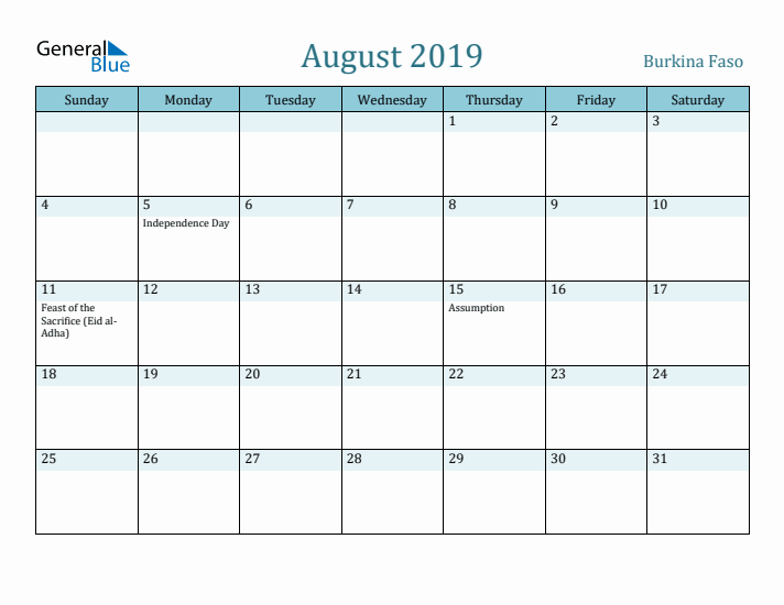 August 2019 Calendar with Holidays