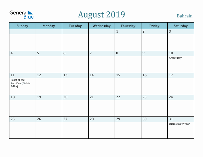 August 2019 Calendar with Holidays