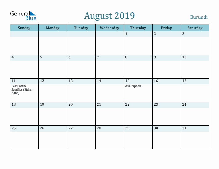 August 2019 Calendar with Holidays