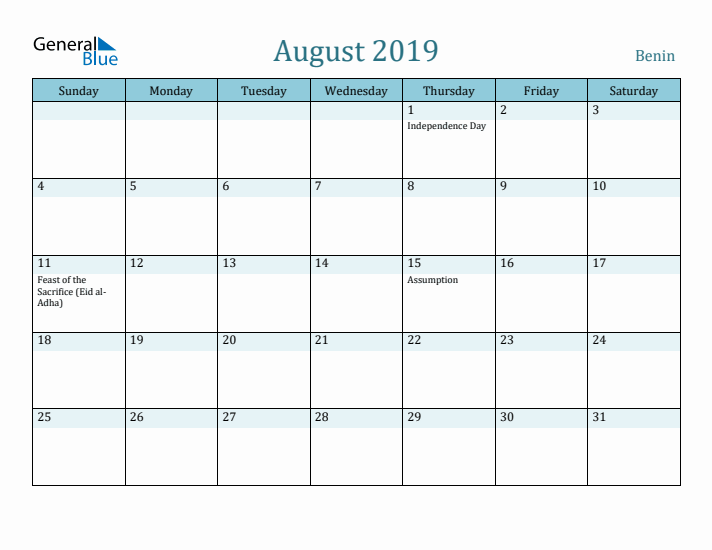 August 2019 Calendar with Holidays