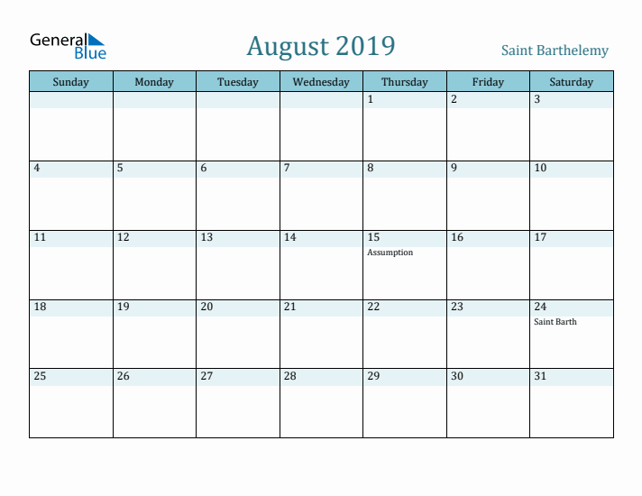 August 2019 Calendar with Holidays