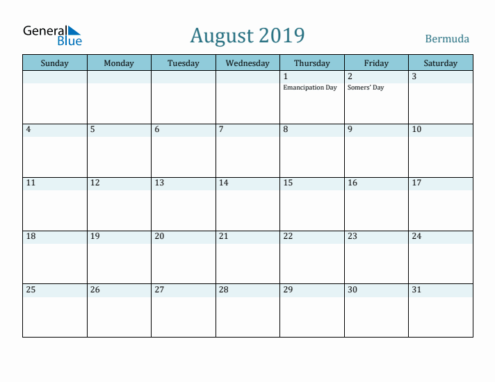 August 2019 Calendar with Holidays