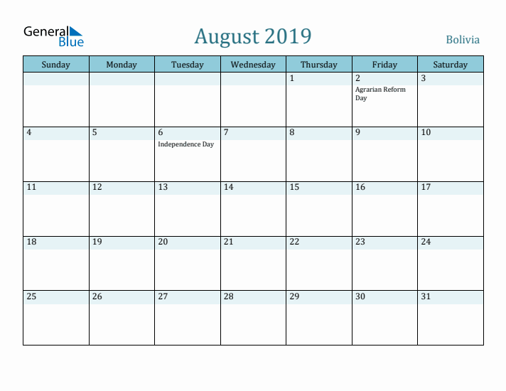 August 2019 Calendar with Holidays