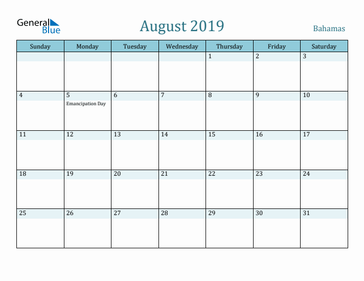 August 2019 Calendar with Holidays